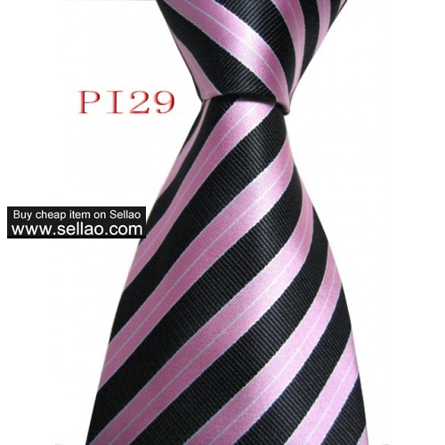 PI29  #100%Silk Jacquard Woven Handmade Men's Tie Necktie  Pink/Black