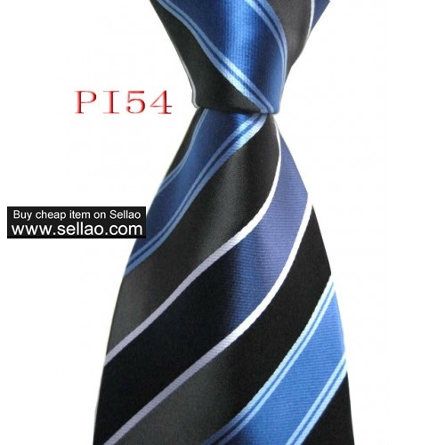 PI54  #100%Silk Jacquard Woven Handmade Men's Tie Necktie  Black/Blue
