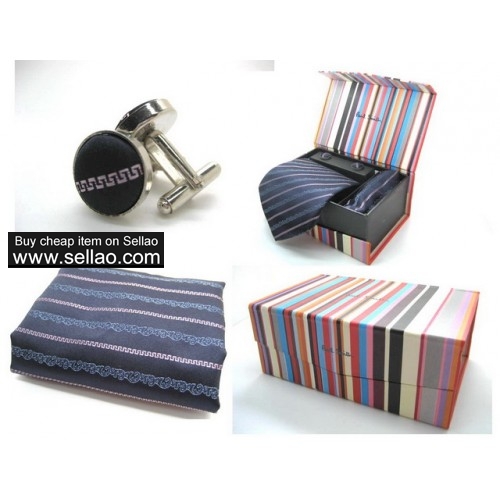 PS # 100%Silk Jacquard Woven Handmade Men's Tie Necktie stripe  Blue (Tie's+cufflinks+square towel)