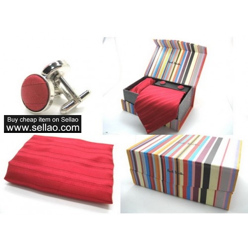 PS # 100%Silk Jacquard Woven Handmade Men's Tie Necktie stripe  Red (Tie's+cufflinks+square towel)
