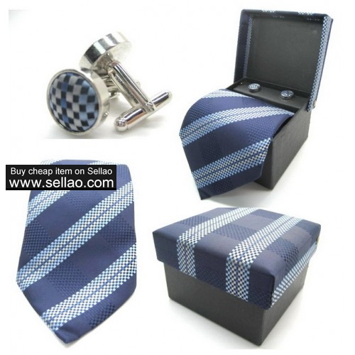 100%Silk Jacquard Woven Handmade Men's Tie Necktie stripe Blue BOSS(Tie's+cufflinks) the only one